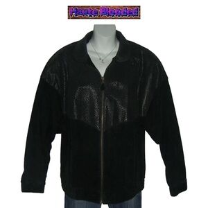 Vintage 90's Stefano Black Suede Leather Bomber Jacket Print Retro Plus 16 Goth